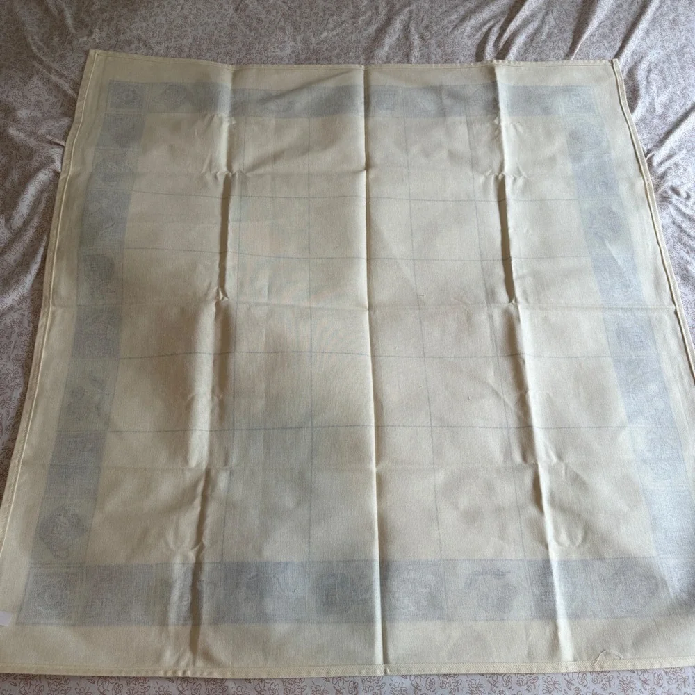 Vintage Blue Cream Cotton Tablecloth Teapot Cherry French Country 38x37